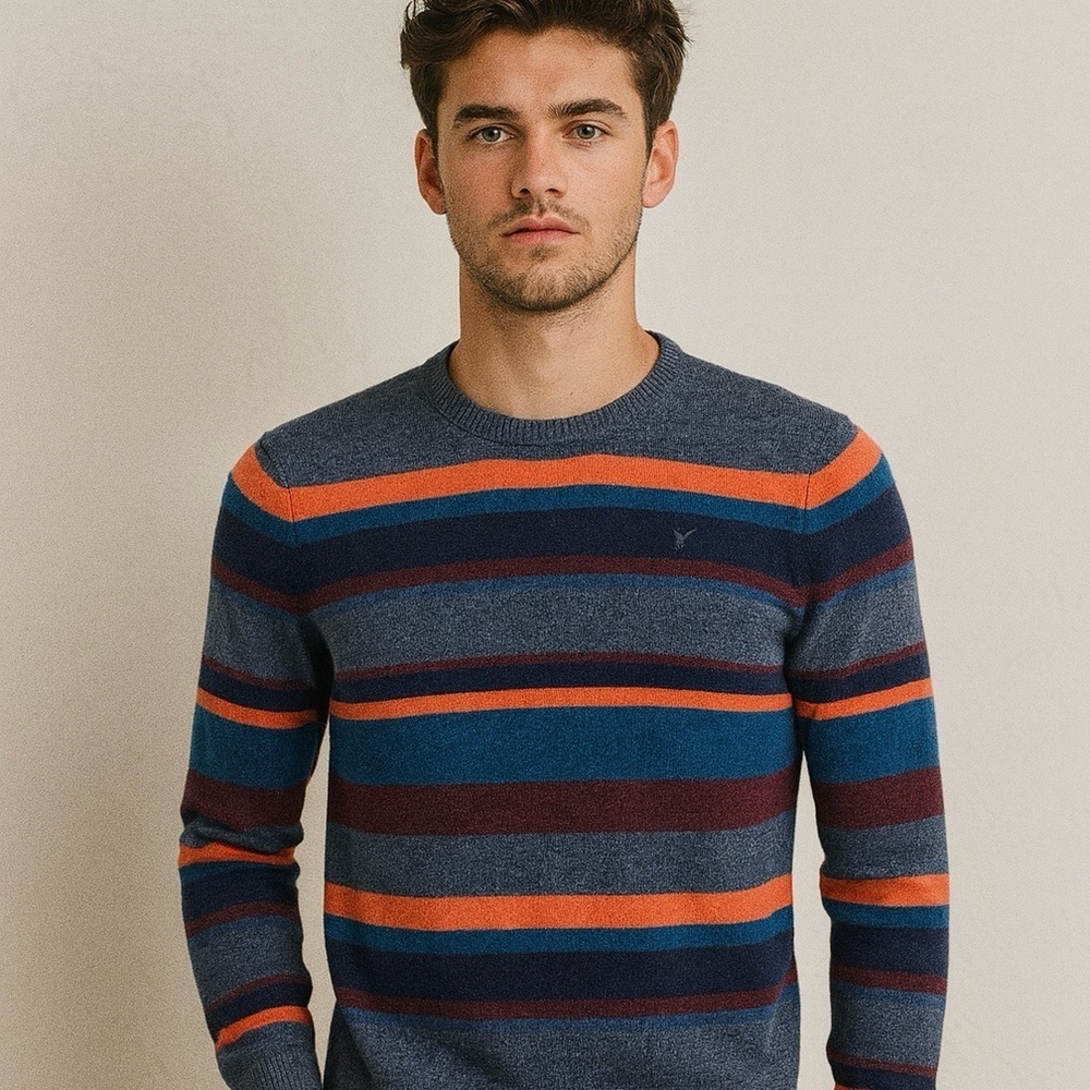 American Eagle Mens crew wool Sweater Pullover Orange Gray Blue Stripe Sz Large